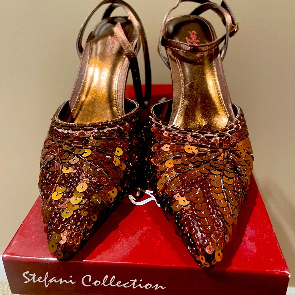 Stefani Collection Size 7.5 Bronze Sequin, Ankle Wrap Heel, Like New with box